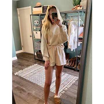 SYZRI Women's 2 Piece Knit Outfits Puff Sleeve Crop Top Shorts Set Sweater Sweatsuit, Apricot, S