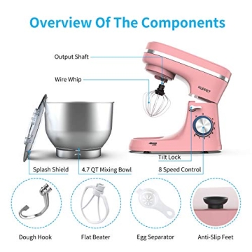 KUPPET 8-Speed Pink Stand Mixer with 4.7QT Bowl