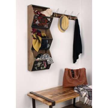 Kate and Laurel Burdock Rustic Wood and Metal Wall Vertical Storage Pockets, Brown