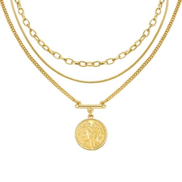 LANE WOODS 18k Gold Plated Necklaces for Women - Multilayer Coin Medallion Pendant Necklace Adjustab...