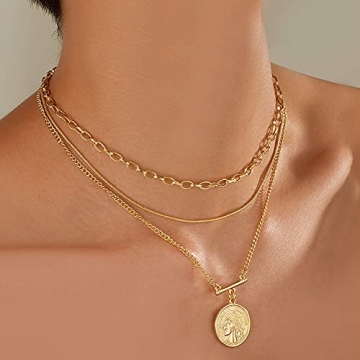 LANE WOODS 18k Gold Plated Necklaces for Women - Multilayer Coin Medallion Pendant Necklace Adjustable Layering Choker Necklaces Chain Set Jewelry