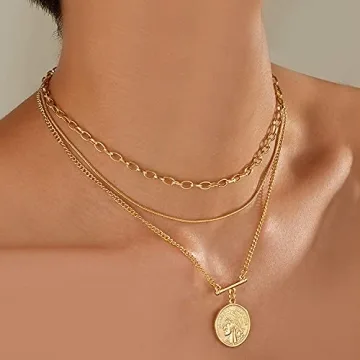 LANE WOODS 18k Gold Plated Necklaces for Women - Multilayer Coin Medallion Pendant Necklace Adjustable Layering Choker Necklaces Chain Set Jewelry