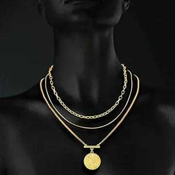 LANE WOODS 18k Gold Plated Necklaces for Women - Multilayer Coin Medallion Pendant Necklace Adjustable Layering Choker Necklaces Chain Set Jewelry