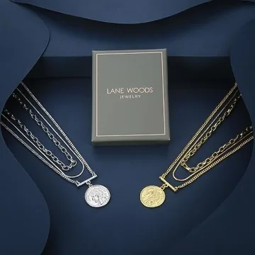 LANE WOODS 18k Gold Plated Necklaces for Women - Multilayer Coin Medallion Pendant Necklace Adjustable Layering Choker Necklaces Chain Set Jewelry