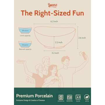 Sweese 6 Inch Porcelain 18 oz Bowls Set of 6, for Soup | Cereal | Fruits | Rice - Microwave, Dishwas...