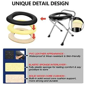 UGarden Upgraded Heavy Duty Stainless Steel Portable Toilet for Camping, Sturdy 350LBS Camp Toilet Portable, Portable Camping Toilet with Soft Seat/Toilet Bags, Black Folding Toilet for Hiking, Travel