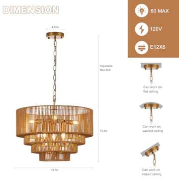 YOMECOO 19.7" Hand-Woven Rattan Chandelier Vintage Farmhouse 6-Lights Boho Bamboo Chandelier Light Fixture Retro 4-Tier Drum Wicker Rattan Golden Chandelier for Dining Room, Kitchen, E12