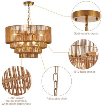 YOMECOO 19.7" Hand-Woven Rattan Chandelier Vintage Farmhouse 6-Lights Boho Bamboo Chandelier Light Fixture Retro 4-Tier Drum Wicker Rattan Golden Chandelier for Dining Room, Kitchen, E12