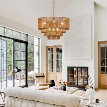 YOMECOO 19.7" Hand-Woven Rattan Chandelier Vintage Farmhouse 6-Lights Boho Bamboo Chandelier Light Fixture Retro 4-Tier Drum Wicker Rattan Golden Chandelier for Dining Room, Kitchen, E12