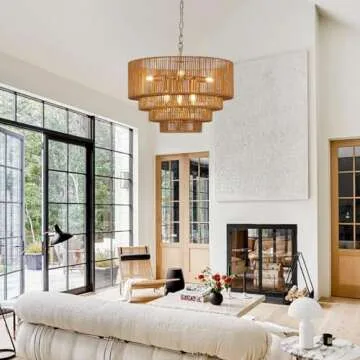 YOMECOO 19.7" Hand-Woven Rattan Chandelier Vintage Farmhouse 6-Lights Boho Bamboo Chandelier Light Fixture Retro 4-Tier Drum Wicker Rattan Golden Chandelier for Dining Room, Kitchen, E12