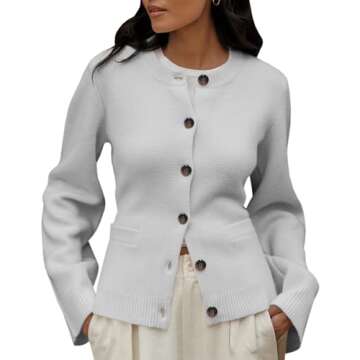 Langwyqu Womens Button Down Cardigan Sweaters Open Front Long Sleeve Slim Fit Sweater Coat Winter Solid Outwear with Pockets Grey