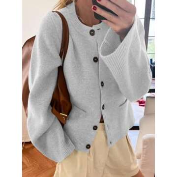 Langwyqu Womens Button Down Cardigan Sweaters Open Front Long Sleeve Slim Fit Sweater Coat Winter Solid Outwear with Pockets Grey