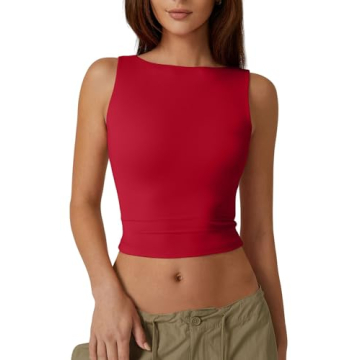 QINSEN Summer Cropped Tops for Women High Neck Open Back Crop Tank Slim Fit Tee Shirt Fairy Red XL