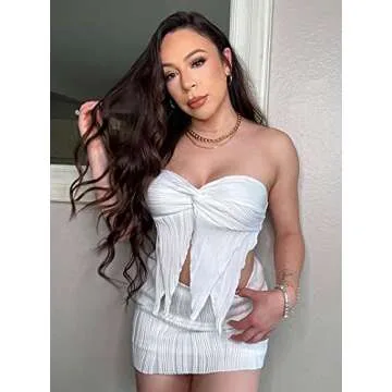 CSDAJIO 2 Piece Outfits for Women Twist Front Asymmetrical Textured Crop Top and Bodycon Mini Skirt Set White Medium