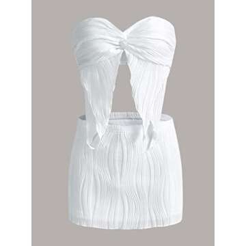 CSDAJIO 2 Piece Outfits for Women Twist Front Asymmetrical Textured Crop Top and Bodycon Mini Skirt Set White Medium