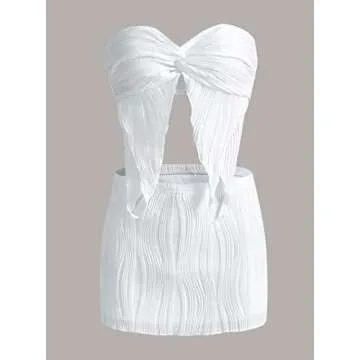 CSDAJIO 2 Piece Outfits for Women Twist Front Asymmetrical Textured Crop Top and Bodycon Mini Skirt Set White Medium