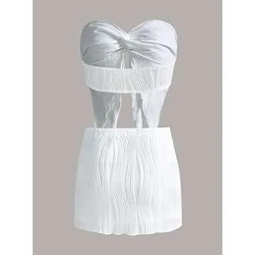 CSDAJIO 2 Piece Outfits for Women Twist Front Asymmetrical Textured Crop Top and Bodycon Mini Skirt Set White Medium