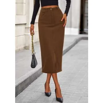 PRETTYGARDEN Women's Fall Midi Pencil Skirts Dressy Casual Work Office High Waisted Trendy Winter Corduroy Skirt with Slit (Brown,8)