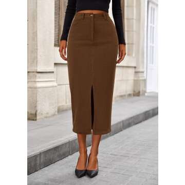 PRETTYGARDEN Women's Fall Midi Pencil Skirts Dressy Casual Work Office High Waisted Trendy Winter Corduroy Skirt with Slit (Brown,8)