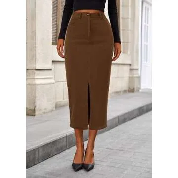 PRETTYGARDEN Women's Fall Midi Pencil Skirts Dressy Casual Work Office High Waisted Trendy Winter Corduroy Skirt with Slit (Brown,8)