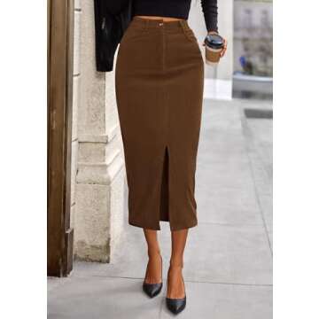 PRETTYGARDEN Women's Fall Midi Pencil Skirts Dressy Casual Work Office High Waisted Trendy Winter Corduroy Skirt with Slit (Brown,8)
