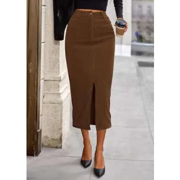 PRETTYGARDEN Women's Fall Midi Pencil Skirts Dressy Casual Work Office High Waisted Trendy Winter Corduroy Skirt with Slit (Brown,8)
