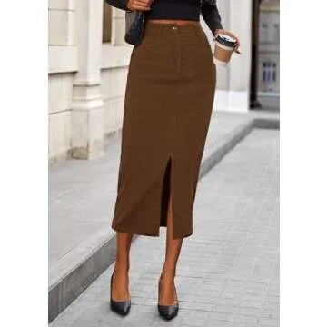 PRETTYGARDEN Women's Fall Midi Pencil Skirts Dressy Casual Work Office High Waisted Trendy Winter Corduroy Skirt with Slit (Brown,8)