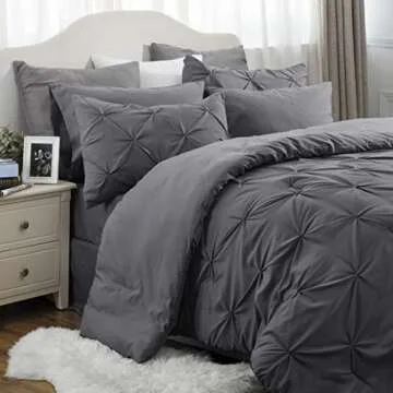 Bedsure Queen Comforter Set Dark Grey - Bed in a Bag Queen Size 7 Pieces, GentleSoft™ Pintuck Bed Set Gift for Family, Pinch Pleat Dark Grey Comforter with Sheets, Pillowcases & Shams