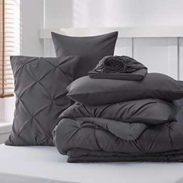 Bedsure Queen Comforter Set Dark Grey - Bed in a Bag Queen Size 7 Pieces, GentleSoft™ Pintuck Bed Set Gift for Family, Pinch Pleat Dark Grey Comforter with Sheets, Pillowcases & Shams