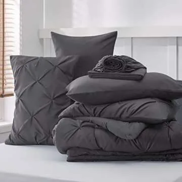 Bedsure Queen Comforter Set Dark Grey - Bed in a Bag Queen Size 7 Pieces, GentleSoft™ Pintuck Bed Set Gift for Family, Pinch Pleat Dark Grey Comforter with Sheets, Pillowcases & Shams
