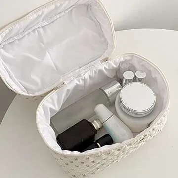 pundin Cotton Quilted Makeup Bag Large Travel Coquette Aesthetic Floral Toiletry Bag,Cute Floral Makeup Pouch for Women Zipper Cosmetic Bag