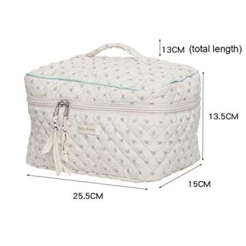 pundin Cotton Quilted Makeup Bag Large Travel Coquette Aesthetic Floral Toiletry Bag,Cute Floral Makeup Pouch for Women Zipper Cosmetic Bag