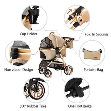 Kenyone Pet Stroller 3 in 1 for Medium Small Size Dogs Luxury Large Cat Stroller Detachable Carrier for Puppy, Kitty, Doggie (C510L Khaki)