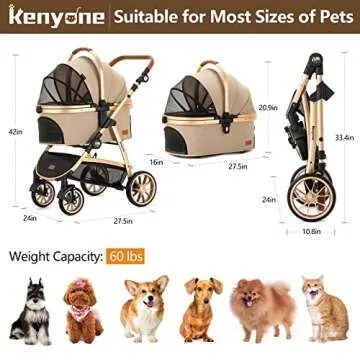 Kenyone Pet Stroller 3 in 1 for Medium Small Size Dogs Luxury Large Cat Stroller Detachable Carrier for Puppy, Kitty, Doggie (C510L Khaki)