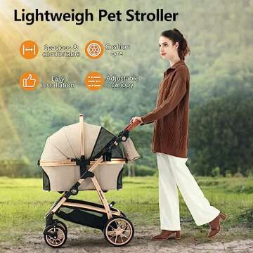 Kenyone Pet Stroller 3 in 1 for Medium Small Size Dogs Luxury Large Cat Stroller Detachable Carrier for Puppy, Kitty, Doggie (C510L Khaki)