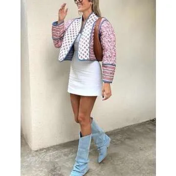 Omoone Women's Cropped Floral Quilted Jacket Cardigan Printed Lightweight Open Front Padded Puffer Coat(Pink-XS)