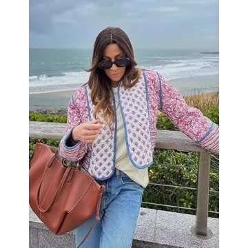 Omoone Women's Cropped Floral Quilted Jacket Cardigan Printed Lightweight Open Front Padded Puffer Coat(Pink-XS)