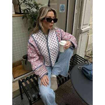 Omoone Women's Cropped Floral Quilted Jacket Cardigan Printed Lightweight Open Front Padded Puffer Coat(Pink-XS)