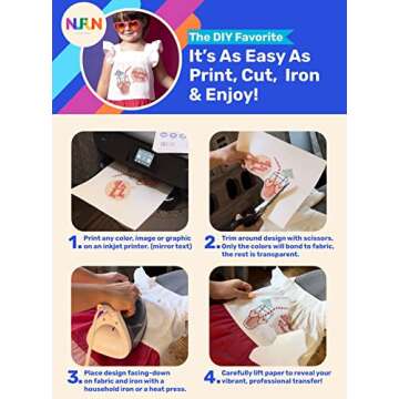 NuFun Activities Printable Iron-on Heat Transfer Paper for T Shirts, Light Fabrics, 100 Sheets 8.5 x...