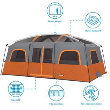 CORE 12 Person Tent | Large Multi Room Family Cabin Tent with Carry Bag for Outdoor Car Camping | Included Storage Pockets for Camping Accessories