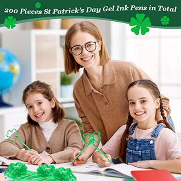 Zubebe 200 Pieces St. Patrick's Day Shamrock Pens Plastic Clover Ballpoint Black Ink Party Favor Ballpoint Pen for Kids School Office Supplies Birthday Graduation Presents