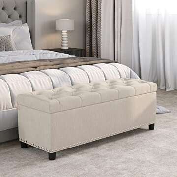 BELLEZE 47 Inch Storage Ottoman, Button-Tufted Ottoman Linen Storage Bench with Safety Close Hinge, ...