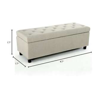 BELLEZE 47 Inch Storage Ottoman, Button-Tufted Ottoman Linen Storage Bench with Safety Close Hinge, Ottoman with Storage for Living Room, Entryway, Hallway, Foot Rest, Support 300lbs - Beige