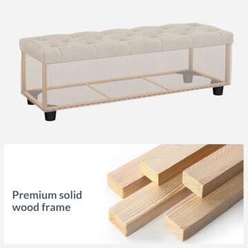BELLEZE 47 Inch Storage Ottoman, Button-Tufted Ottoman Linen Storage Bench with Safety Close Hinge, Ottoman with Storage for Living Room, Entryway, Hallway, Foot Rest, Support 300lbs - Beige