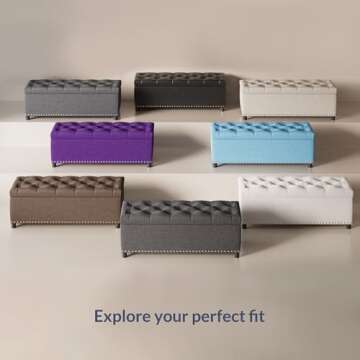 BELLEZE 47 Inch Storage Ottoman, Button-Tufted Ottoman Linen Storage Bench with Safety Close Hinge, Ottoman with Storage for Living Room, Entryway, Hallway, Foot Rest, Support 300lbs - Beige