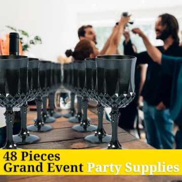 Fun Express Bulk Black Patterned Plastic Wine Glasses, 48 Pieces, Wedding, Reception, Grand Event Pa...
