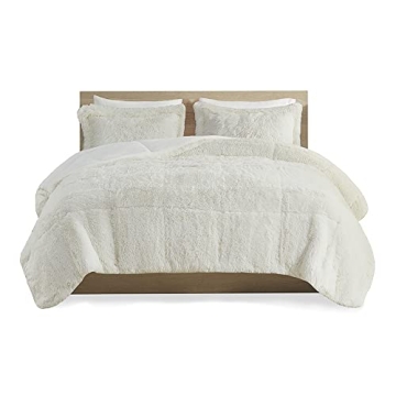 Intelligent Design Malea Shaggy Comforter Set, Long Faux Fur Cozy Down Alternative, Modern Casual Ultra Soft All Season Fluffy Bedding with Matching Sham, King/Cal King, Ivory 3 Piece