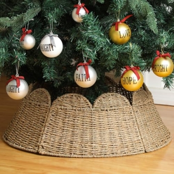 Vertintong Woven Scallop Christmas Tree Collar Rattan Christmas Tree Ring Farmhouse Natural Woven Ru...