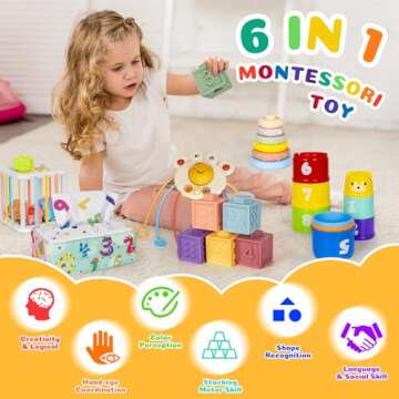GJOF2YK 6 in 1 Montessori Toys for Babies 6–12 Months Stacking Block Soft Infant Ring Shape Learni...