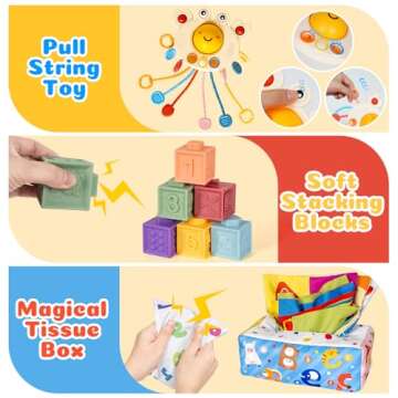 GJOF2YK 6 in 1 Montessori Toys for Babies 6–12 Months Stacking Block Soft Infant Ring Shape Learning Sensory Bin Pull String Teething Toy Tissue Box for Toddlers 1 2 3 Year Old Boy Girl Gift